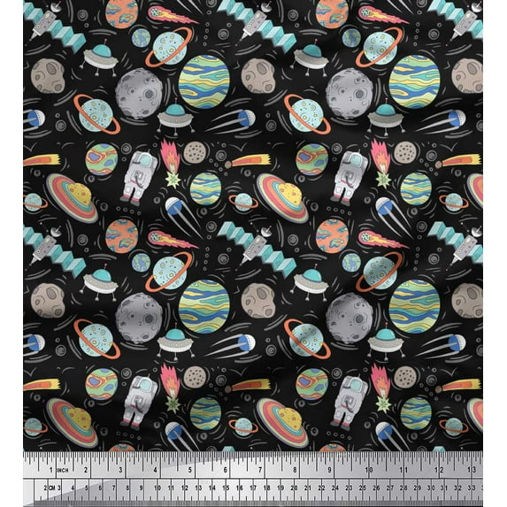 Soimoi Black Cotton Poplin Fabric Satellite & Planet Galaxy Printed Fabric 1 Yard 56 Inch Wide