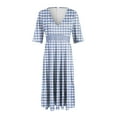 thumbnail image 5 of vigerkar Gingham V Neck Short Sleeve Dress for Women Summer Plaid Flowy Beach Vacation Midi Dresses Blue, M, 5 of 6