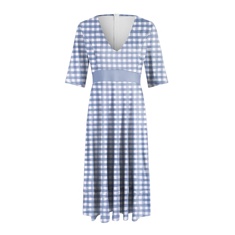 Vigerkar Gingham V Neck Short Sleeve Dress for Women Summer Plaid Flowy Beach Vacation Midi Dresses Blue, 3XL