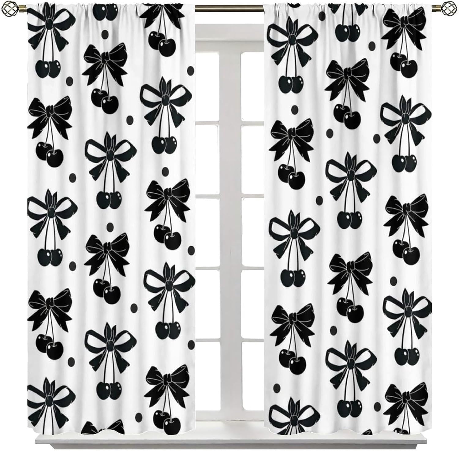 Black Bow Curtains, Vintage Dark White Cherry Ribbon Bows Aesthetic Print Window Drapes Curtains for Kids Girls Bedroom Livingroom Bathroom, 55" W X 39" L