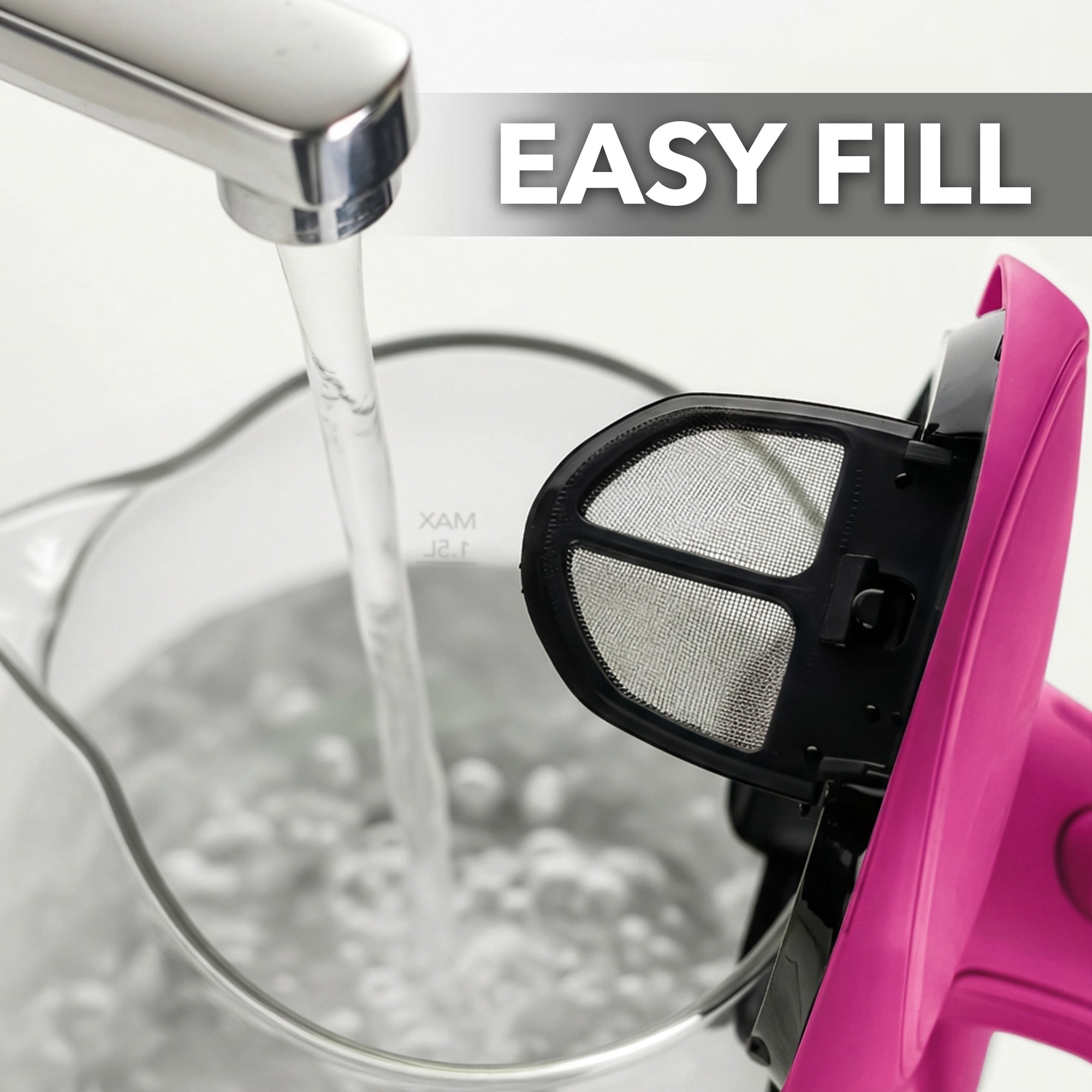 OVENTE 1.5L Glass Electric Kettle Water Boiler, Pink KG83F | 1100W Fast Boiling, Borosilicate Glass, BPA-Free, Blue LED, Auto Shut-Off, Boil-Dry Protection, Removable Filter, 360° Base