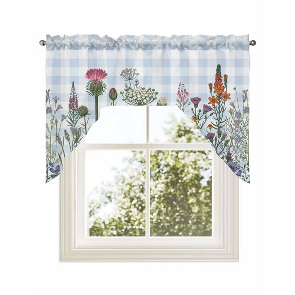 Spring Floral Kitchen Curtains Swag Valance for Windows/Bathroom/Cafe, Blue Plaid Botanical Flowers Butterfly Rod Pocket Drape Panel Swag Curtains Valance for Bedroom/Living Room 56"x36"