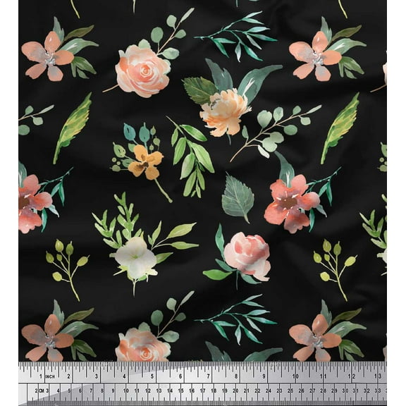 Soimoi Black Cotton Duck Fabric Rose Flower Watercolor Decor Fabric Printed Yard 44 Inch Wide
