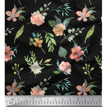 Soimoi Black Heavy Satin Fabric Rose Flower Watercolor Fabric Prints By Yard 56 Inch Wide