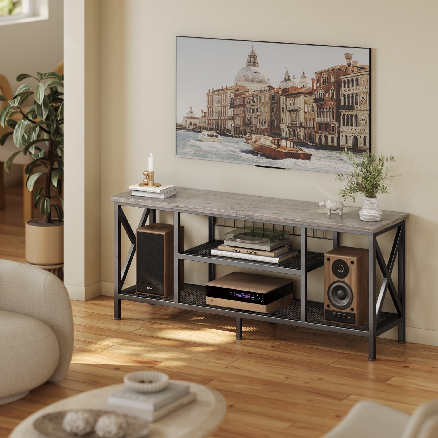 TV Stand for 55-65 Inch TVs, Lofka 3-Tier TV Console, with Open Shelves, Metal Frame, for Living Room, Bedroom, Office, Grey