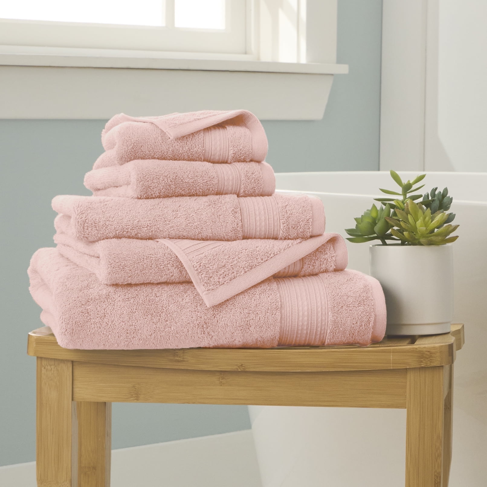 WelHome 100% Cotton 6-Piece Ultra SOFT TWIST Towel Set, 600 GSM, 2 Bath Towels 30" x 54", 2 Hand Towels, 2 Washcloths, Highly Absorbent, Bathroom Towel For Everyday Use, Blush Pink