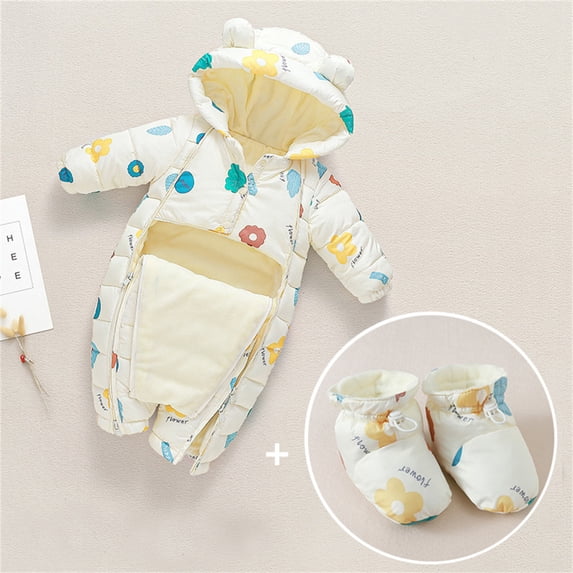 Baby Snowsuit Infant Boys Girls Romper Hoodied Double Zipper Outwear Toddler Jumpsuit Down Coat Jacket Winter Clothes,White+Shoes,12-18 Months
