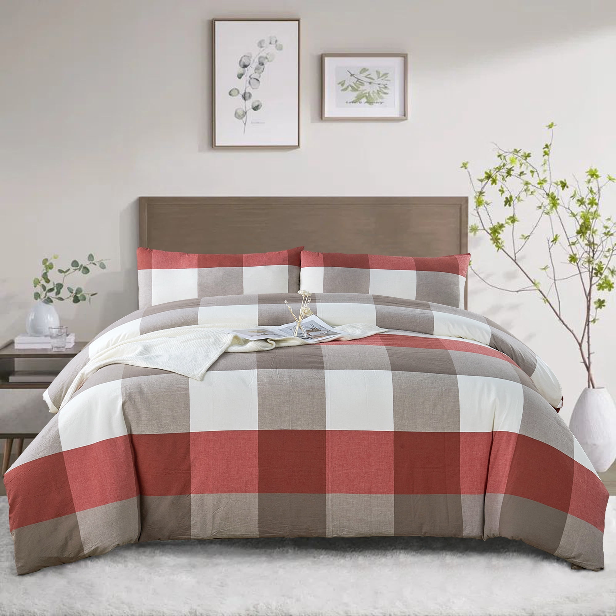 Home Soft Things 3 Piece Washed Cotton Duvet Set - Buffalo - Cherry - King (102" x 90")