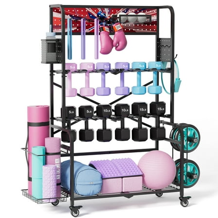 Zeligerstar Large Capacity Dumbbell Rack, Dual-Row Vertical Weight Rack for Home Gym Storage, Heavy-Duty Organizer with Wheels for Dumbbells, Weight Plates, Kettlebell, Space-Saving Pro Gym Equipment