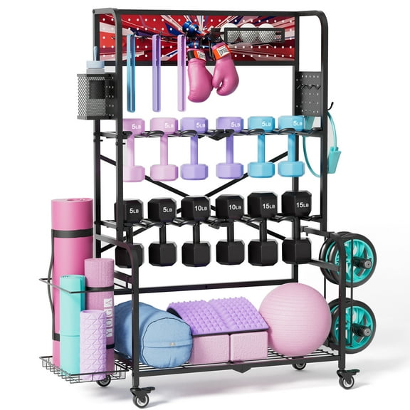 Zeligerstar Large Capacity Dumbbell Rack, Dual-Row Vertical Weight Rack for Home Gym Storage, Heavy-Duty Organizer with Wheels for Dumbbells, Weight Plates, Kettlebell, Space-Saving Pro Gym Equipment