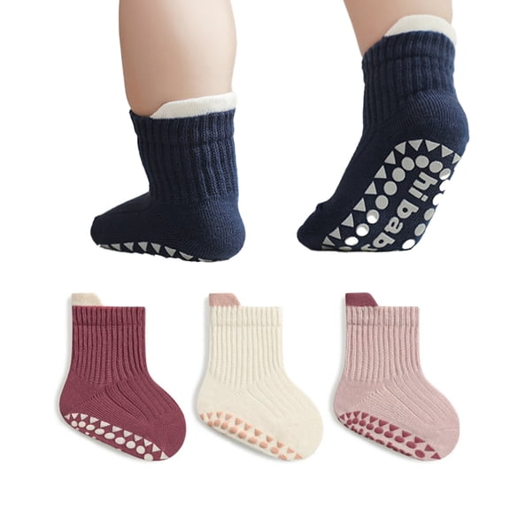 LYMAYTER ‌Toddler Infant Cotton Socks 3 Pack Non-Slip Grip Sole for Baby Boys Girls Indoor Floor 0-5Y