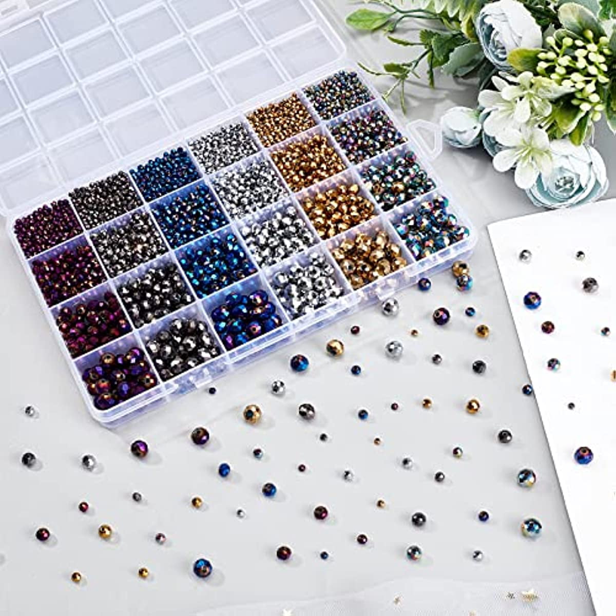 4350Pcs Electroplate Rondelle Glass Beads 6 Colors Faceted Transparent Spacer Loose Beads 4 Sizes Metallic Opaque Loose Spacer Beads