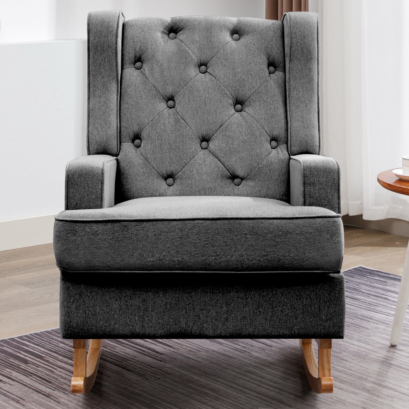 BALUS Modern Rubberwood Linen Rocking Accent Chair with Side Pocket, Dark Grey