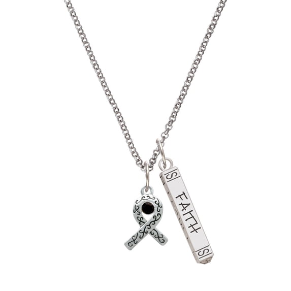 Delight Jewelry Silvertone Scroll Ribbon with Black Crystal Silvertone Believe Faith Prayer Hope Bar Charm Necklace, 23"