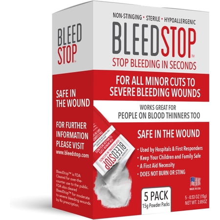 ™ First Aid Powder for Blood Clotting, Trauma Kit, Thinner Patients, Camping Safety, and Survival Equipment Moderate to Severe Bleeding Wounds or Nosebleeds 5 Pack 15g