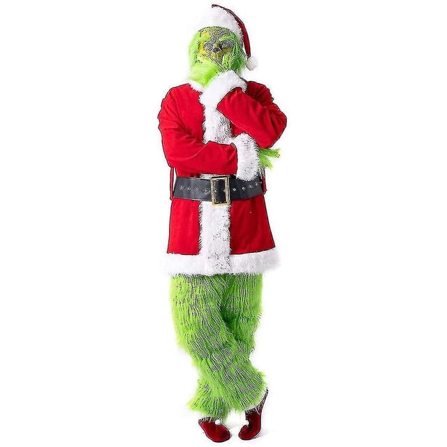 Christmas Adult Grinch Costume Kids Santa Claus Costume Men And Women 7 Pcs Costume Set Including Mask_y zhangyuxiang LED