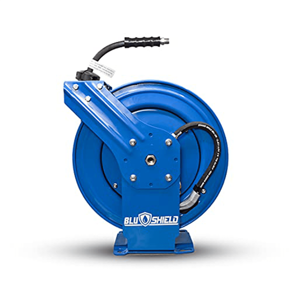 Blu Shield 3/8" Pressure Washer Hose Reel with Aramid Braided Non Marking Hose, 6' Lead-in Hose, Dual Arm Heavy Duty - 50 Feet