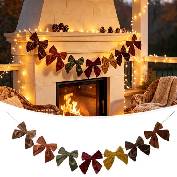 Holloyiver Fall Velvet Bow Garland, Coquette Ribbon Banner, Assembled Thanksgiving Bunting for Fireplace Mantle Staircase Wall Home Decoration