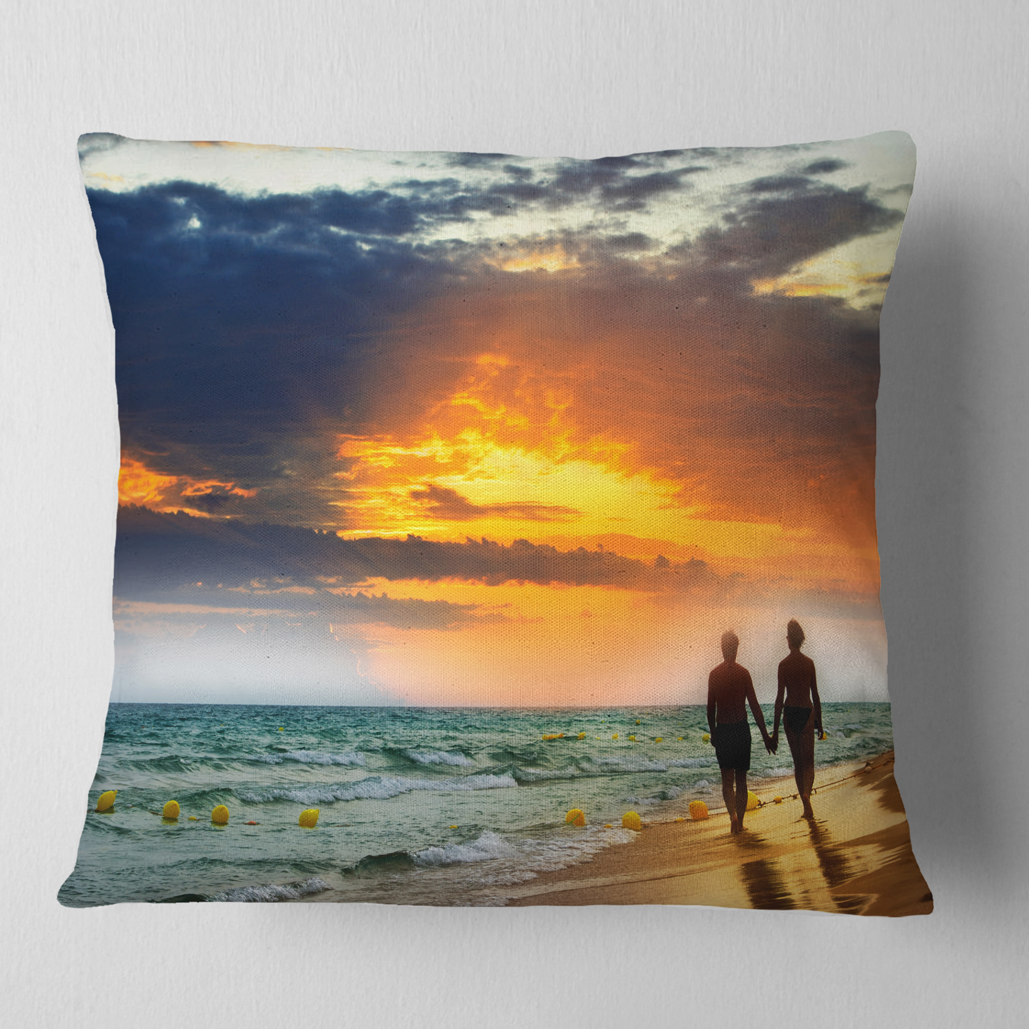 Designart Lovers at Beach - Seashore Photography Throw Pillow - 16x16