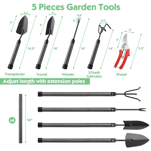 Garden Tools Set 5 Piece with Extended Handle, Heavy Duty Garden Tools Set, Ideal Gardening Tool Kit Gifts for Parents and Kids Including Trowels, Hand rake, Weeder, Pruning Shears