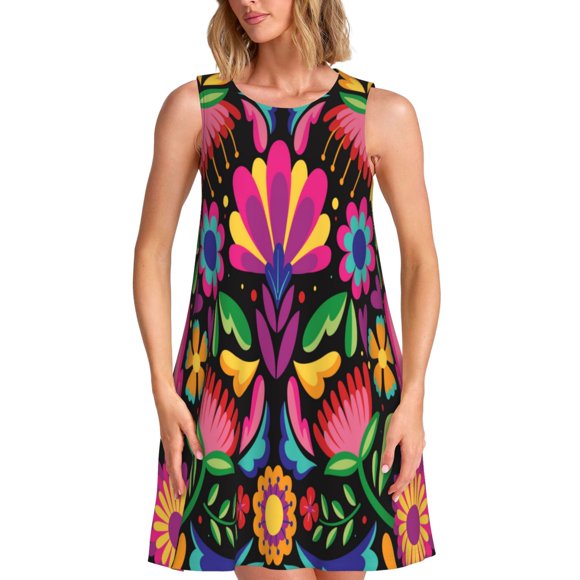 Bixox Colorful Floral Embroidery Mexican Print Women's Sleeveless A-Line Dress with Pockets, Casual Knee-Length Tank Dress for Summer-Large
