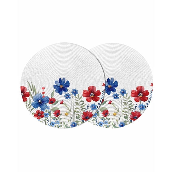 Blue Red Spring Floral Round 15 Inch Placemats Set of 2, Pastoral Flowers Watercolor HeatResistant Non Slip Place Mats for Dining Table, Wipeable Braided Kitchen Table Mats for Housewarming