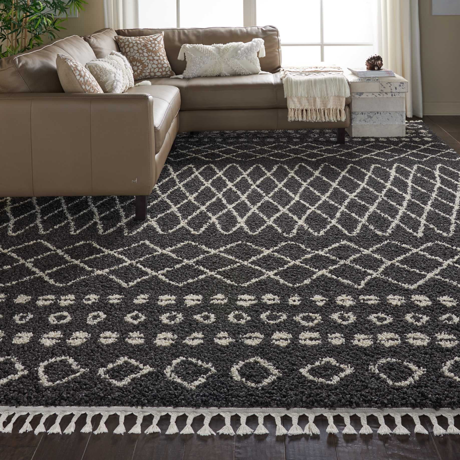 Nourison Moroccan Shag Plush Tribal Charcoal Area Rug