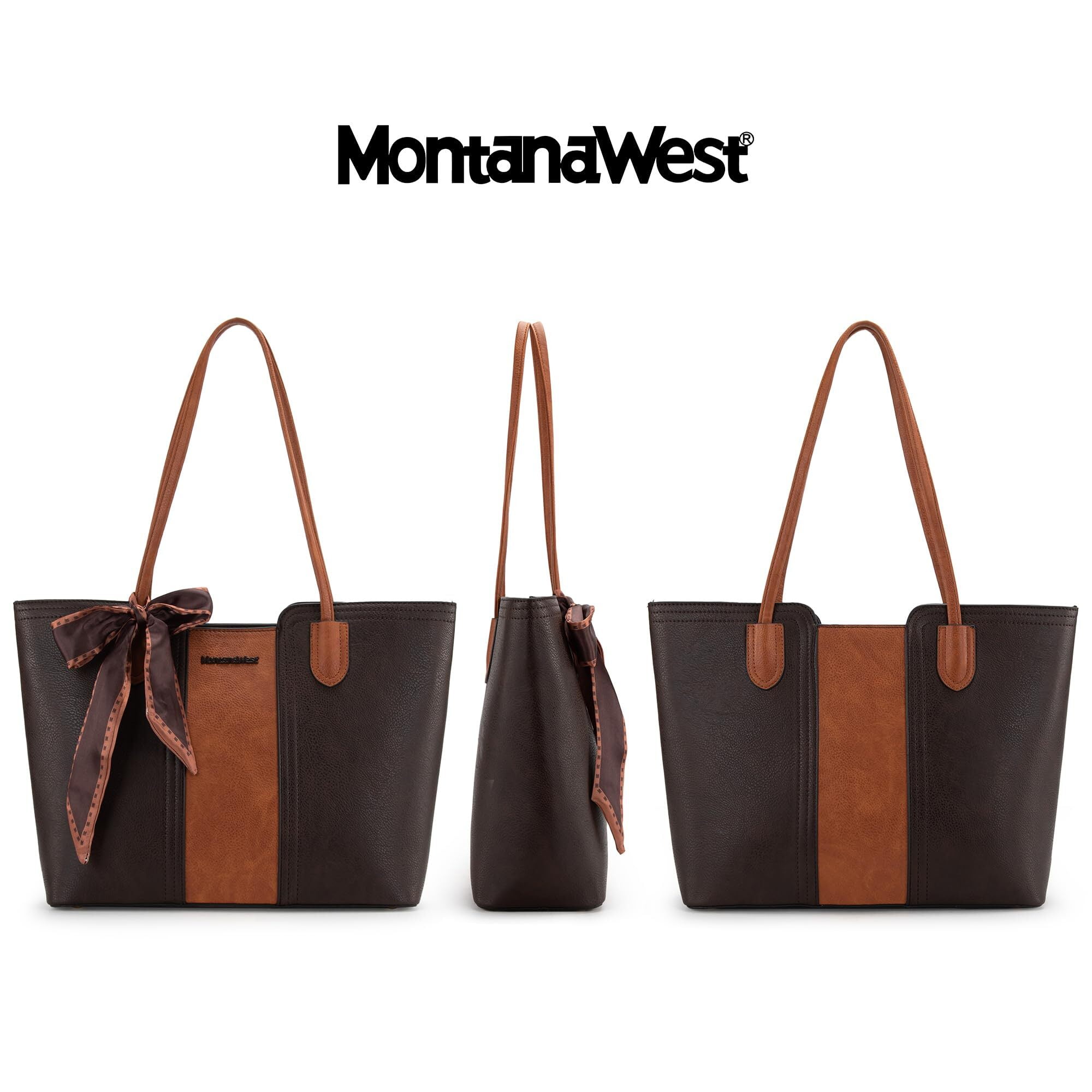 Montana West Tote Bags for Women Medium Top Handle Handbags with Scarf, Orange-Coffee
