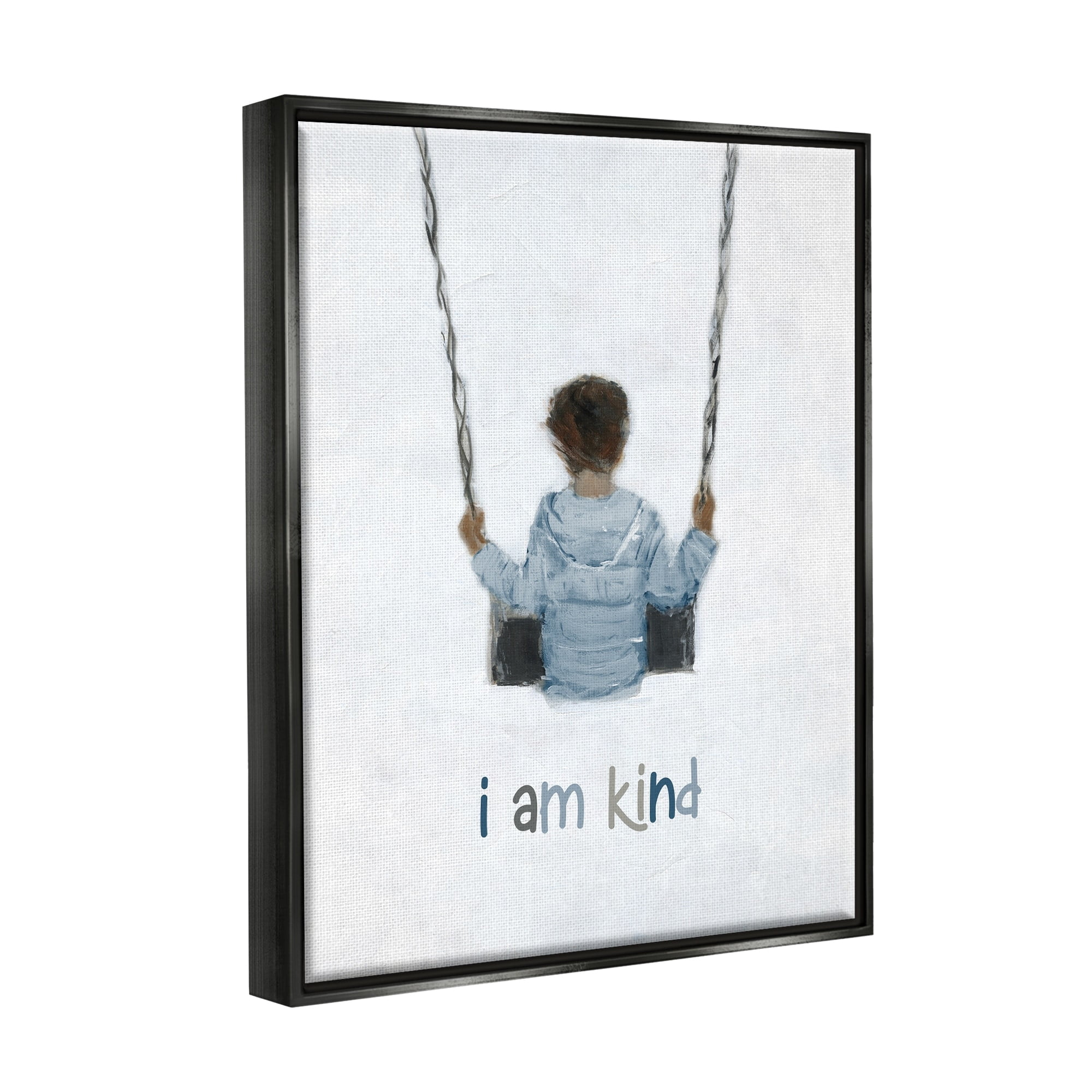 Stupell Industries I am Kind Motivational Child Playing on Swing Graphic Art Jet Black Floating Framed Canvas Print Wall Art, Design by Sally Swatland