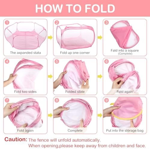 Hamster Playpen with Mat Small Animal Cage Tent Breathable Transparent Guinea Pig Playpen Waterproof Portable Yard Fence Mat Foldable Exercise Playpen Outdoor Indoor (Pink,Star)