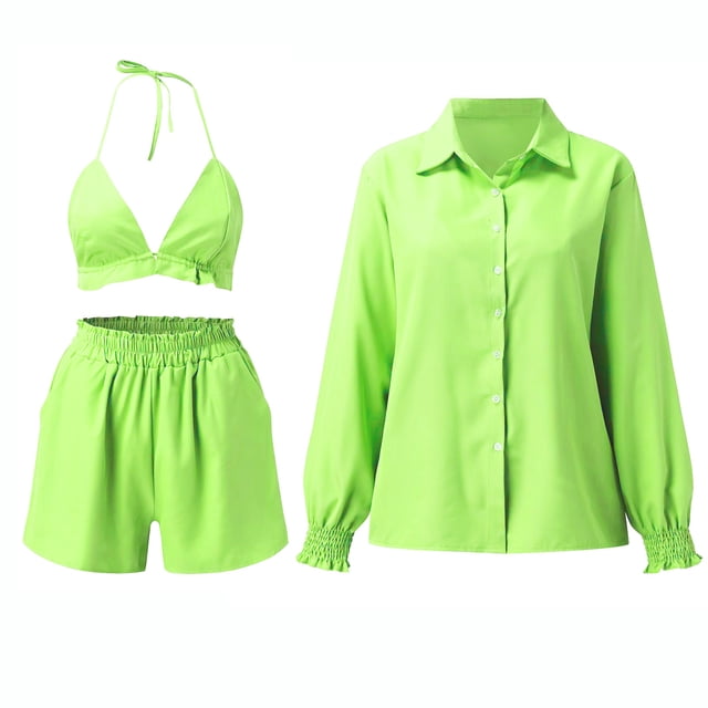Birdeem Ensemble d'Été Trois Pièces pour Femmes Chemise à Manches Lanterne Imprimée et Short Aguichant avec Bretelles Mode Décontractée