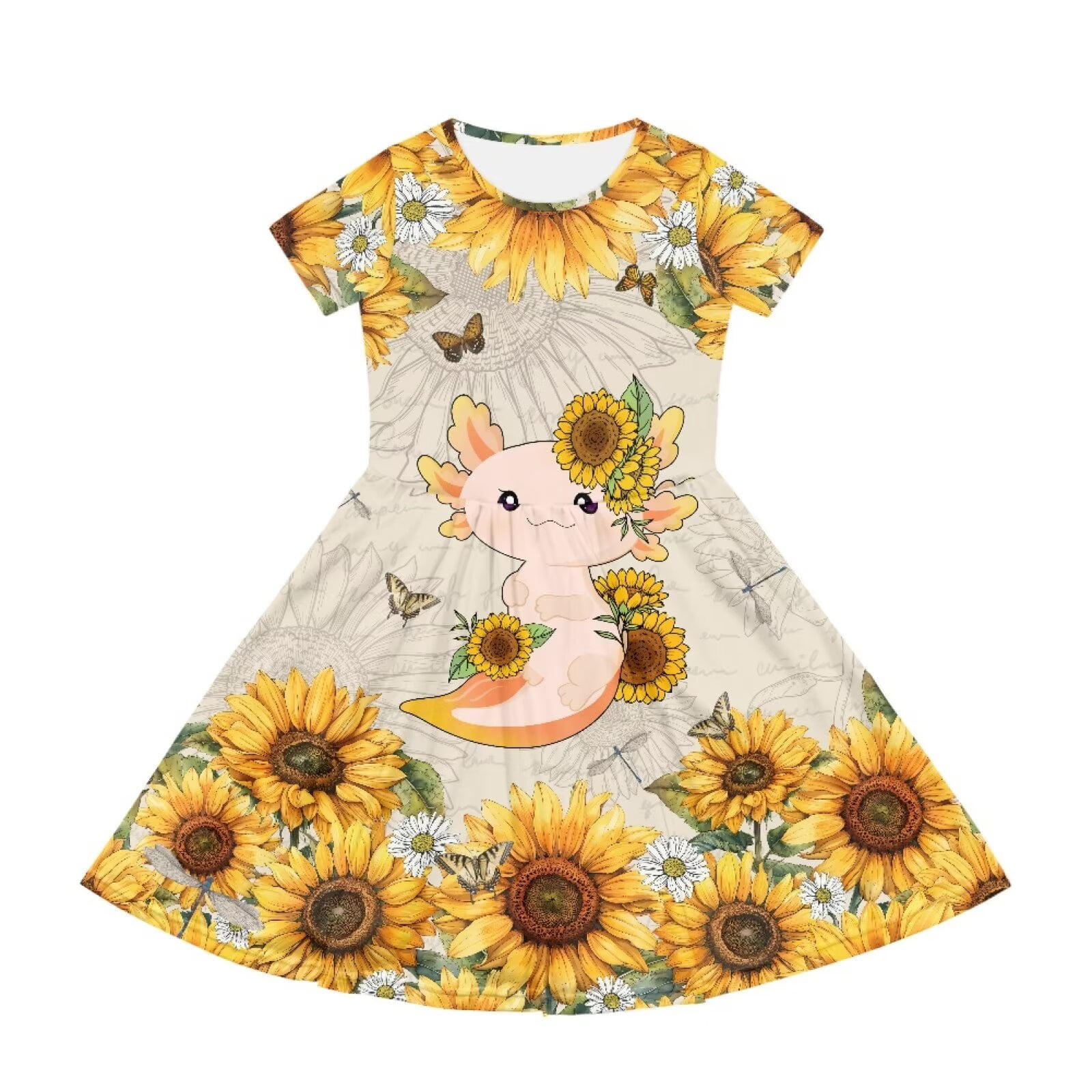 Uourmeti Axolotl Sundress Kids Cute Short Sleeve Swing Dress Sunflower Crewneck Knee Length A-Line Dresses with Pockets for Girls Toddlers Teens