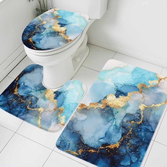 Gold Blue Marble Bathroom Rugs Set Luxury Gorgeous Ocean Abstract Modern Non Slip Absorbent Soft Bath Mats 3 Piece Set with Bathroom Rug, U-Shaped Floor Mat, Toilet Seat Cover Small Size