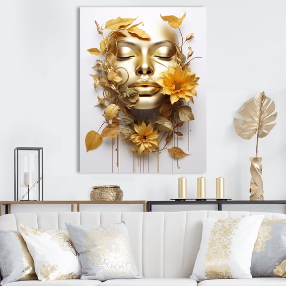 Designart "Woman Portrait in White and Gold with Leaves III" Fashion Canvas Wall Art - Glam Gold Fashion Woman Hallway Wall Art Decor