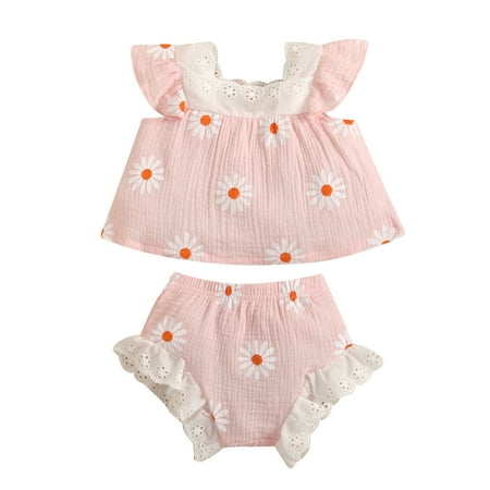 

Zlekejiko Baby Girls Summer Sleeveless Lace Linen Cotton Daisy Floral T Shirts Tops Ruffle Shorts Outfits Clothes Set