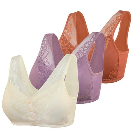 

Plu Size Ladies Lace Front Buckle Underwear Soft Cotton Cup Vest For Middle-Aged And Elderly People-3Pack