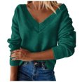 thumbnail image 1 of Suéter de Punto Gibobby Manga larga V cuello Algodón suelto Pullover Top Verde L, 1 of 5