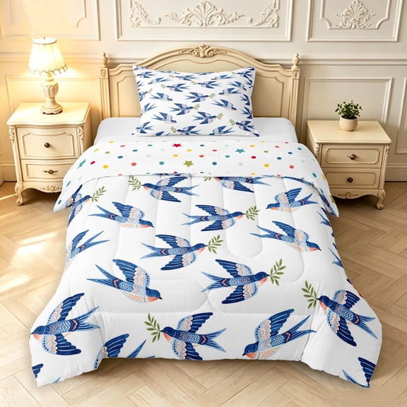 Erosebridal Cartoon Dove Twin Comforter Sets,Cute Branch Bedding Set,White Blue,Polkadot Reversible,2pcs,1 Comforter and 1 Pillowcase