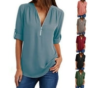 Women's Fashion Oversize Chiffon T Shirt Zipper Design V Neck Women Plus Size Blouse Shirt