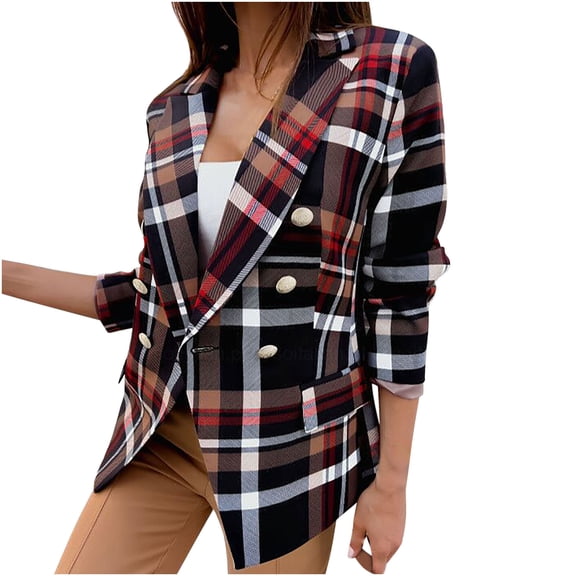 IROINNID Women's Blazer Jacket Long Sleeve Plaid Peak Lapel Outwear, Casual Business Attire Plaid Cardigan Jacket