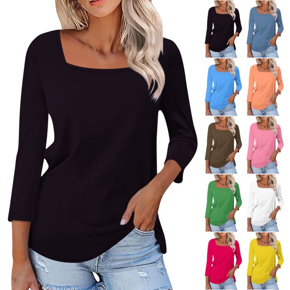 TGSLY Women's Square Neck Tops Lightweight Soft 3/4 Sleeve Solid Color Shirts Loose Fit Dressy Casual Curved Hem Tunic Blouses XXXXXL