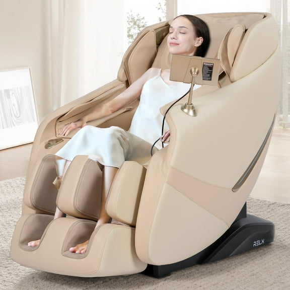 RELX Massage Chair Full Body, Zero Gravity Airbag Shiatsu Massage Chair with SL-Track, Heating, AI Control, Body Scan, 13 Modes, Foot Rollers, and Deep Yoga Stretch (Beige)