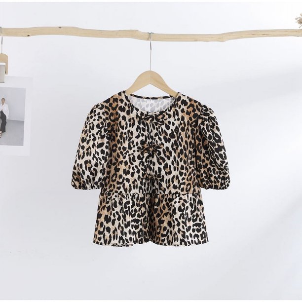 Camisas de manga abullonada para mujer, Tops holgados informales con cordones, blusas suaves de manga corta con cuello en V a la moda para mujer 2024