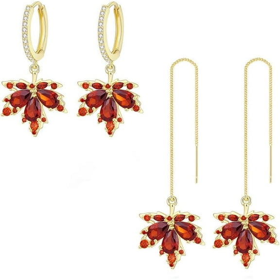 2PC Fall Earrings for Women,Red Maple Leaf Earrings Fall Leaf Earrings Set,Fall Zircon Maple Huggie Earrings Leaf Stud Statement Earrings