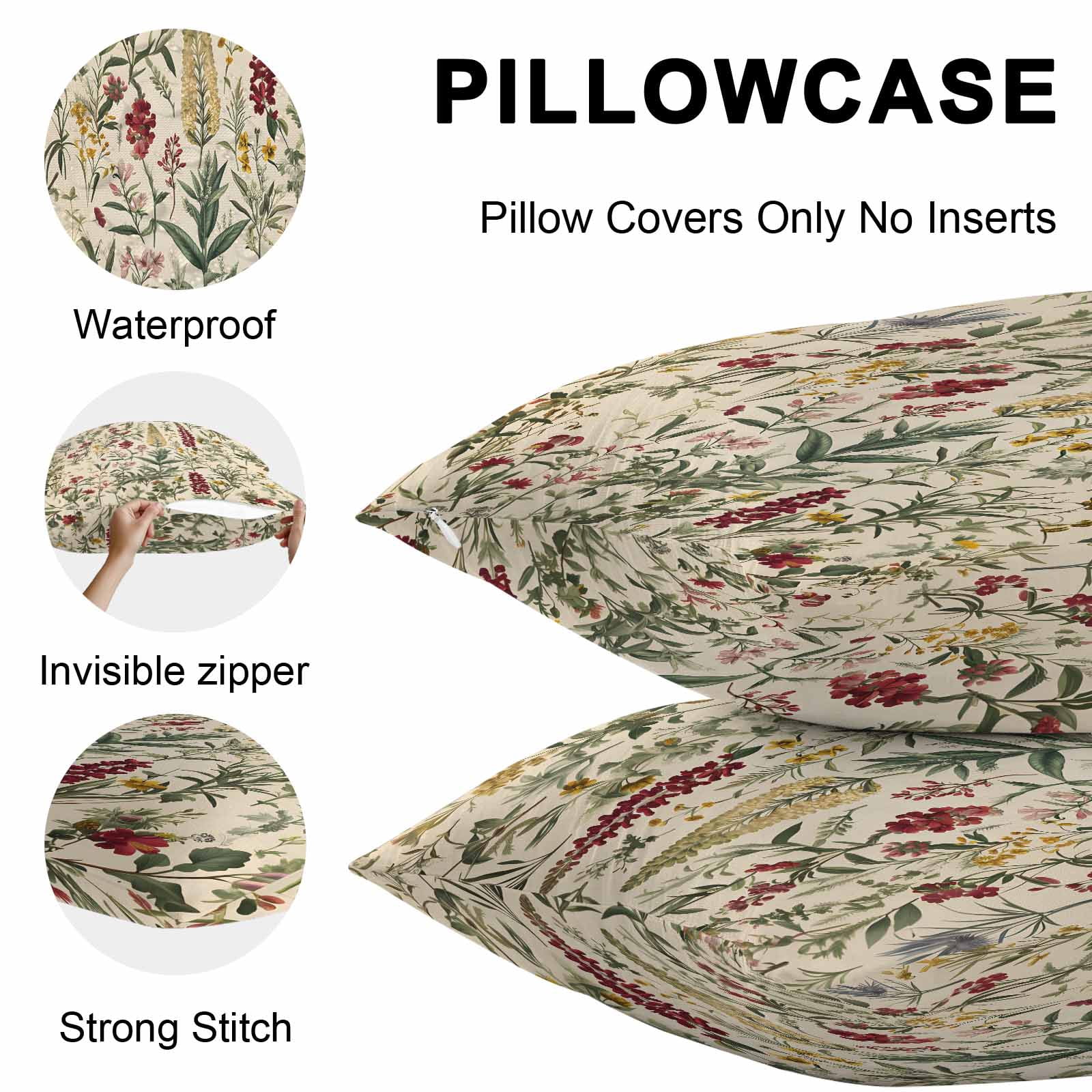 Vintage Plant Outdoor Pillow Covers 24x24 Inch Throw Pillow Covers Set of 2 Waterproof Decorative Pillow Cases Boho Botanical Flowers Green Leaf Ferns Cushion Covers for Patio Furniture Garden Couch