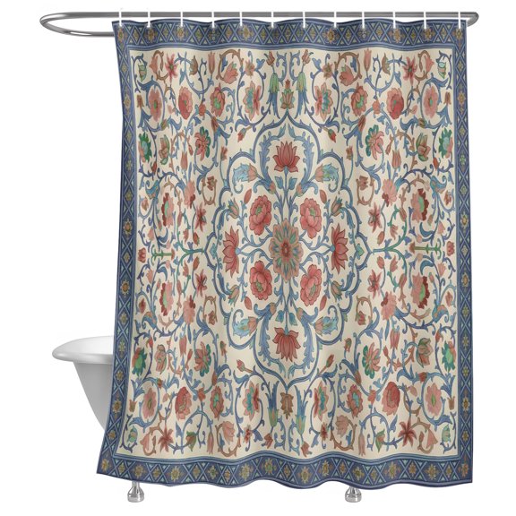 Peony Shower Curtain, Rustic Vintage Traditional Coral Floral Blue Leafy Vines Lightweight Waterproof Fabric Shower Curtain with Rustproof Grommets for Bathroom Bathtub 72x72in