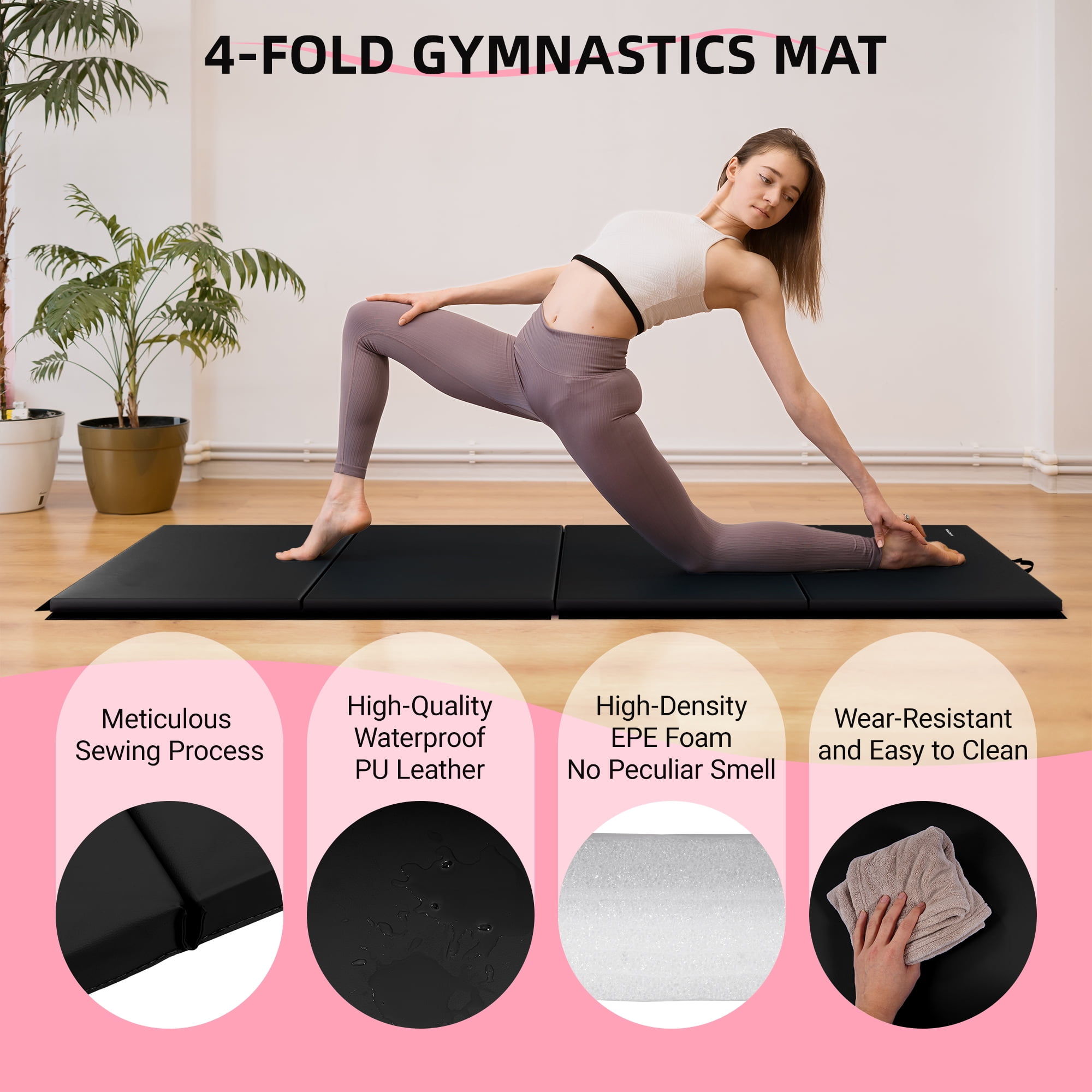 Signature Fitness 4ft x 8ft x 2in Folding Gymnastics Mat, 4-Panel Exercise Mat with Handles, PVC Leather + EPE Foam, Multiple Colors