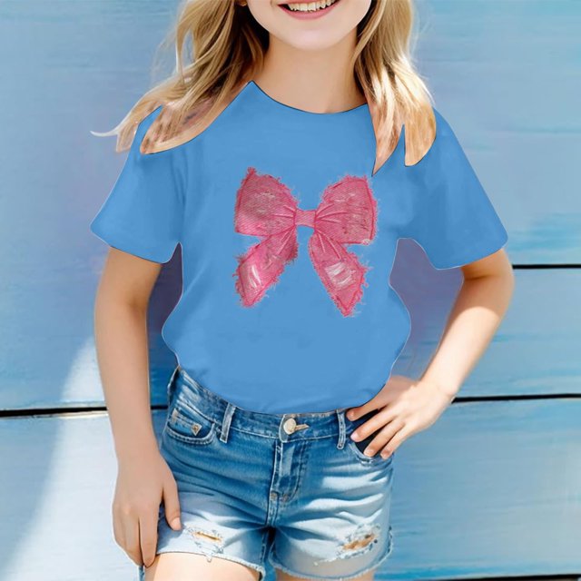 Girls Tops Tees & Shirts Children's Casual Letter Pattern Print Multicolor Round Neck Short Sleeves Tops for Girls - Stylish and Comfortable Everyday Wear
