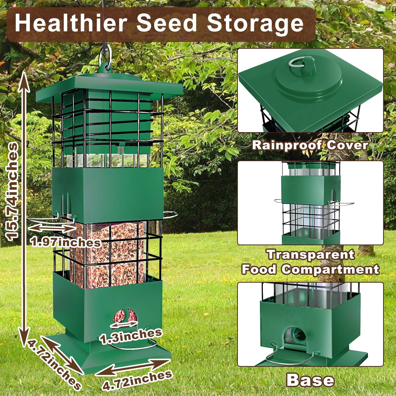 Squirrel Proof Bird Feeder,2.5LBS Metal Bird Feeders for Outdoors Hanging,Wild Birdseed Feeders for Finch Cardinal Blue Jay Outside (Green)