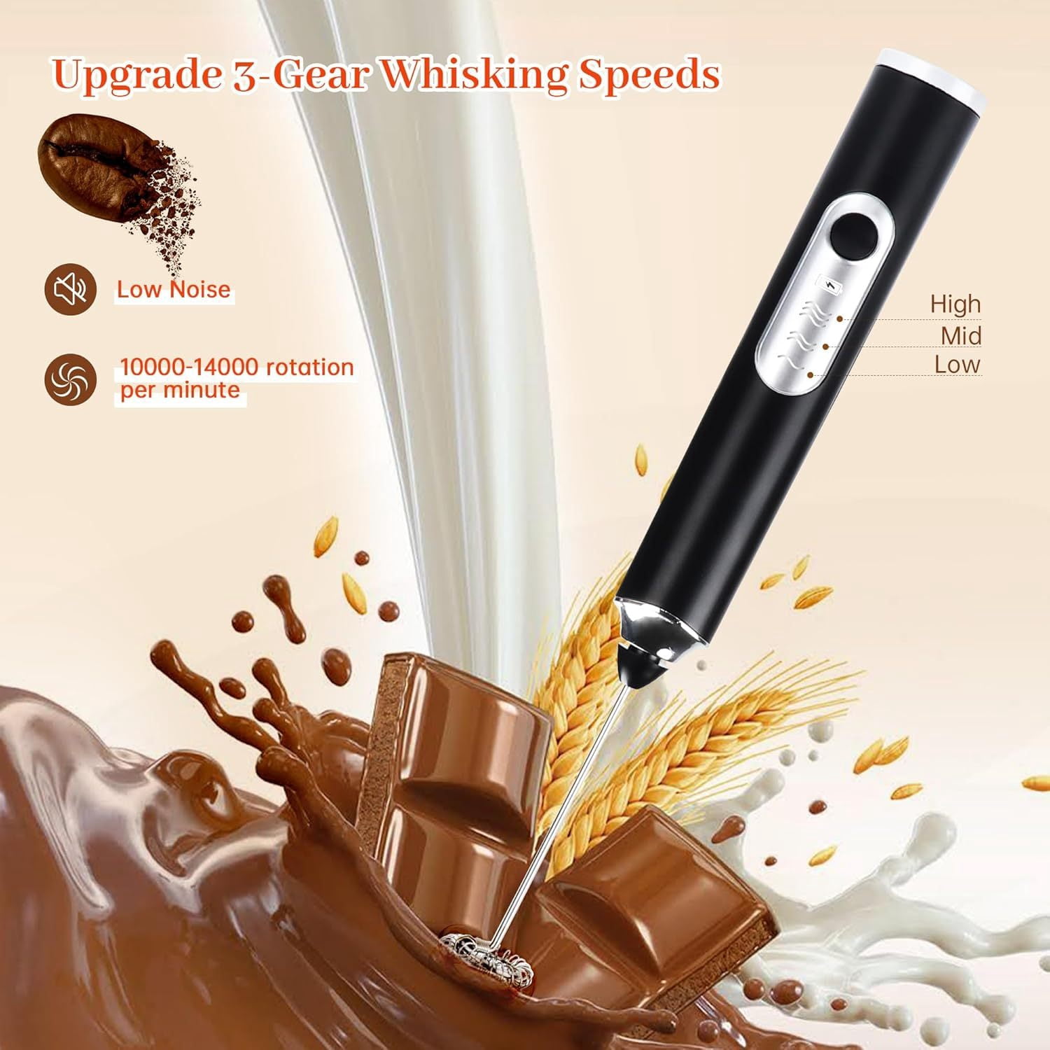 Milk Frother with Stand, 3 Speed Adjustable Handheld Electric Whisk, Drink Mixer with Stainless 3 Whisk, Hand Frother Wand Rechargeable, Foam Maker for Cappuccino Hot Chocolate Egg Latte